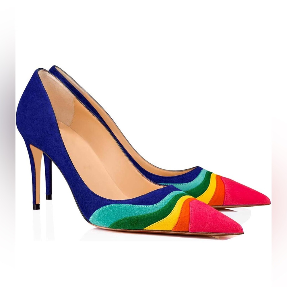 LEHOOR Women Rainbow Kitten Heels Pumps Pointed Toe Suede Stiletto, 3 inch heel
